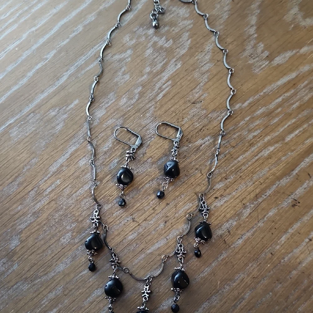 Vintage Inspired Black Bead Necklace and Earring Set